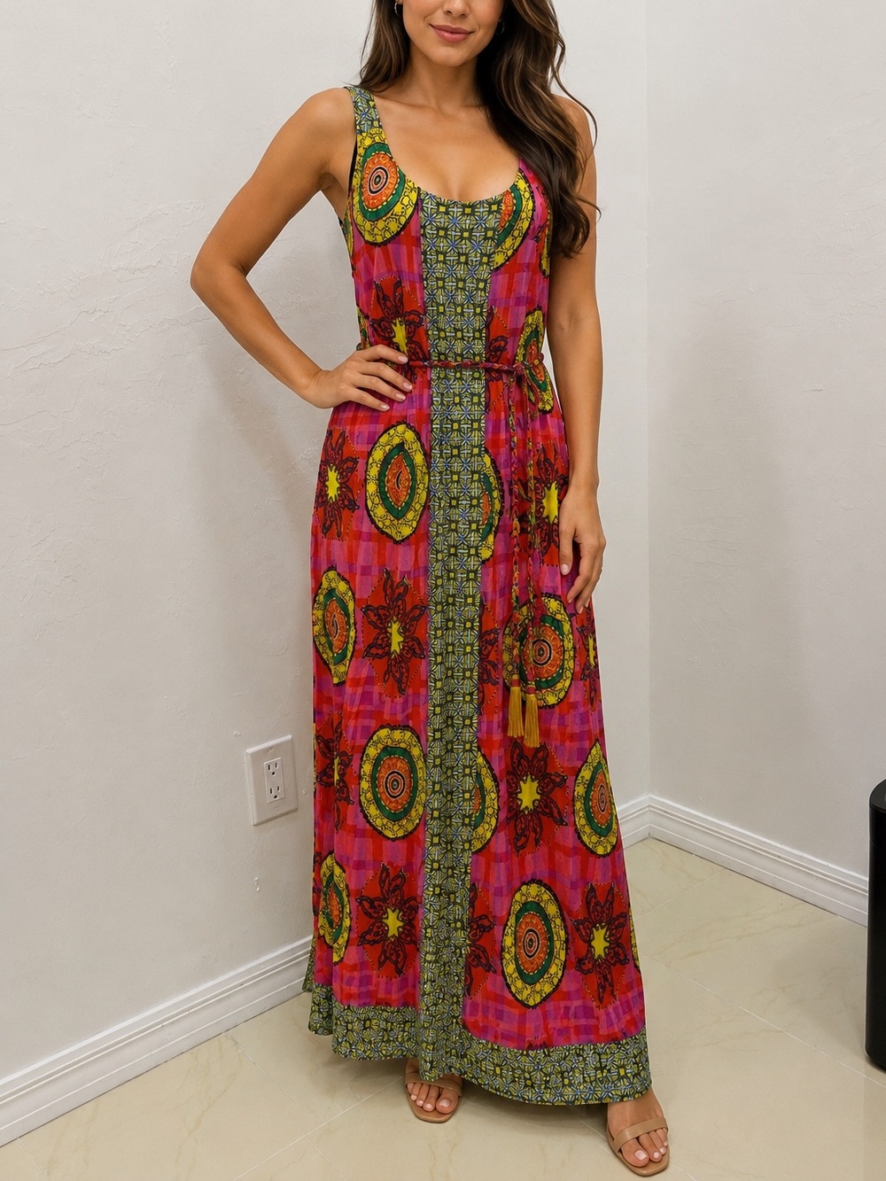 BollyDoll Women’s Maxi Dress Large Multicolor Good Boho Mixed Print Modal